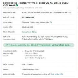 CÔNG TY TNHH DỊCH VỤ ĂN UỐNG BUBU VIỆT NAM